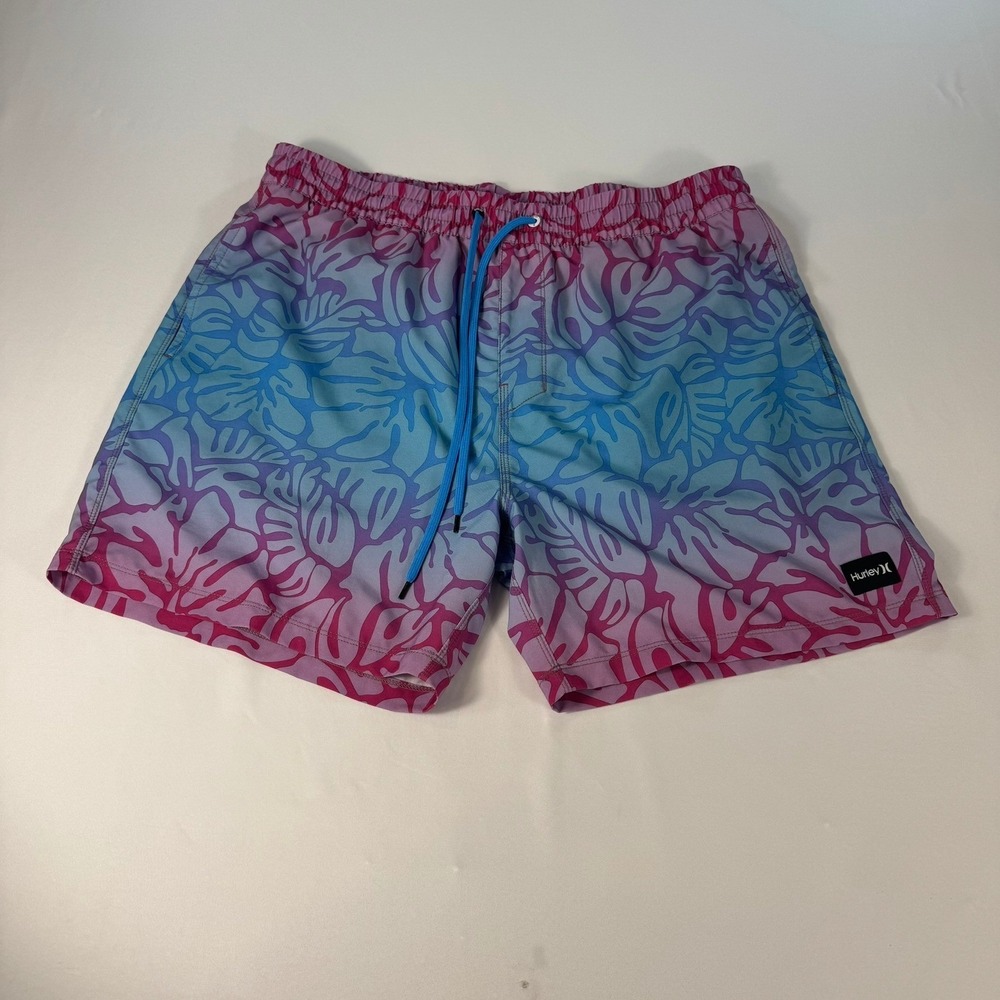 Hurley Men XL Swim Short Purple Blue Gradient Leaf Print Board Shorts MBS0011890